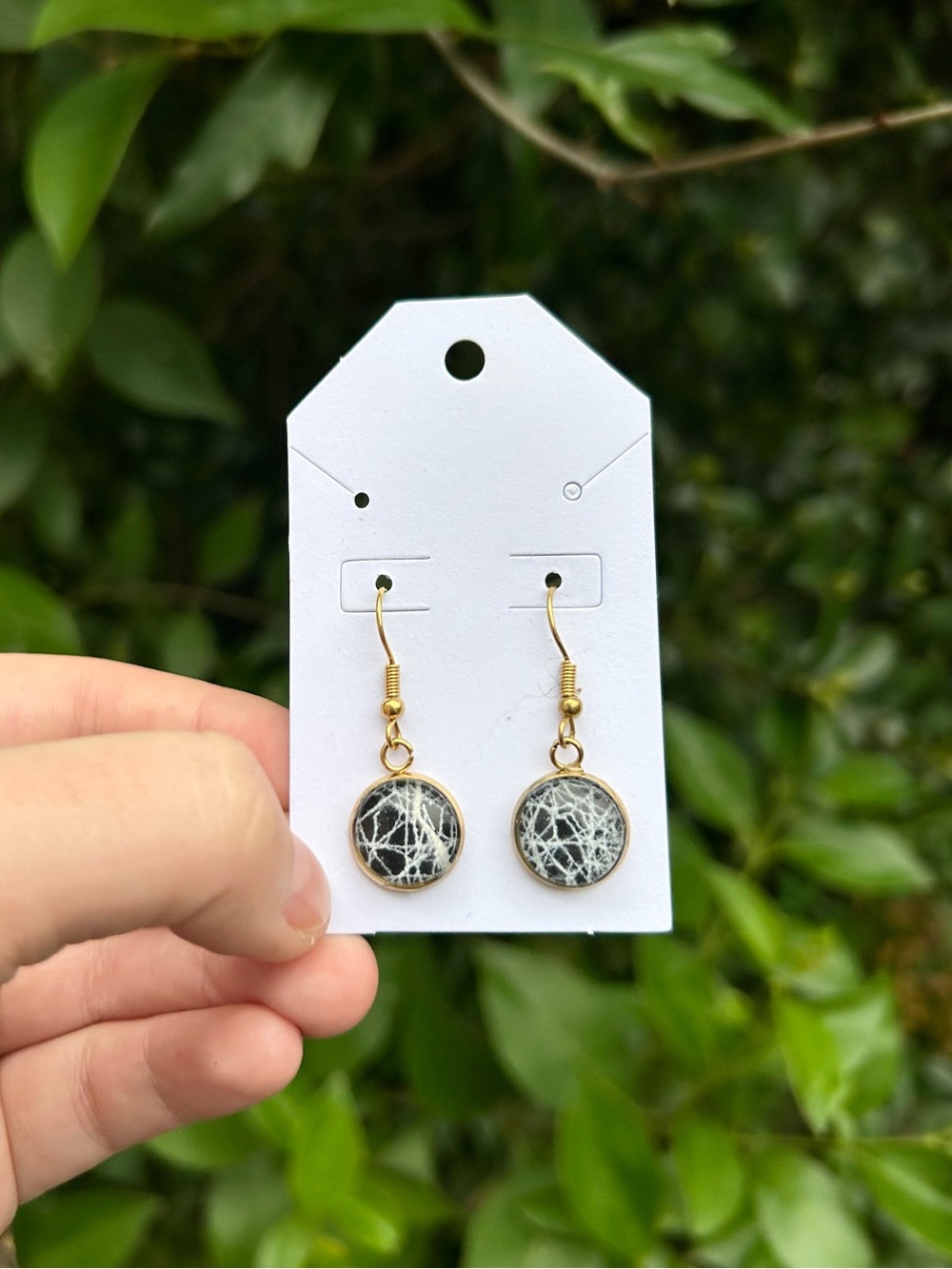 Gold Drop Earrings with Black & White REAL Spiderweb Inlay - Women Jewelry